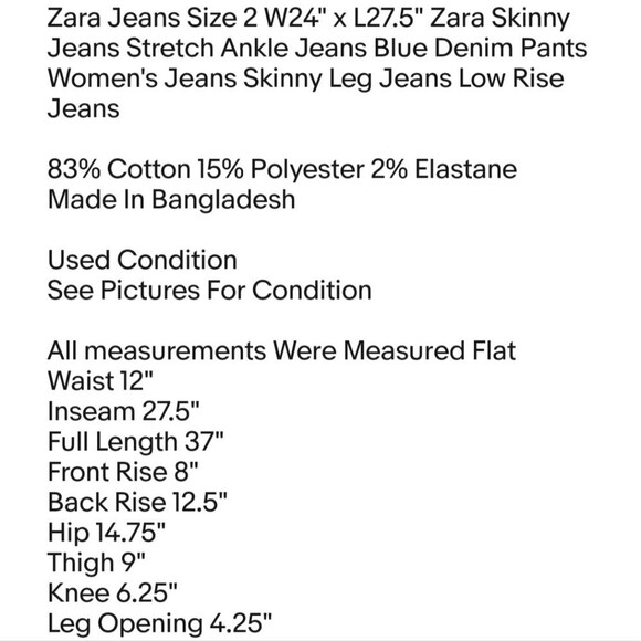 Zara Jeans Size 2 W24" x L27.5" Zara Skinny Jeans Stretch Ankle Jeans Blue Denim - Picture 2 of 7